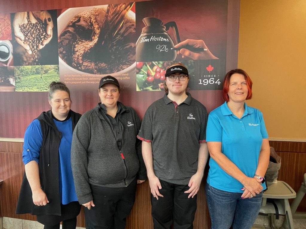 A picture of the team at Tim Horton's Renfrew. Left to right: Lisa Hazelwood, PPRC Inc., Ann Hill, Store Manager, Julia Turner, Shelley Dean, Owner Tim Horton’s.